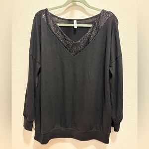 Emerald Sequined V-Neck Black Sweater Size M